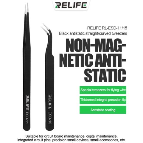 Pinzas para smd RELIFE ESD-15, curvada, antiestática, 120 mm, negro Vista previa  1